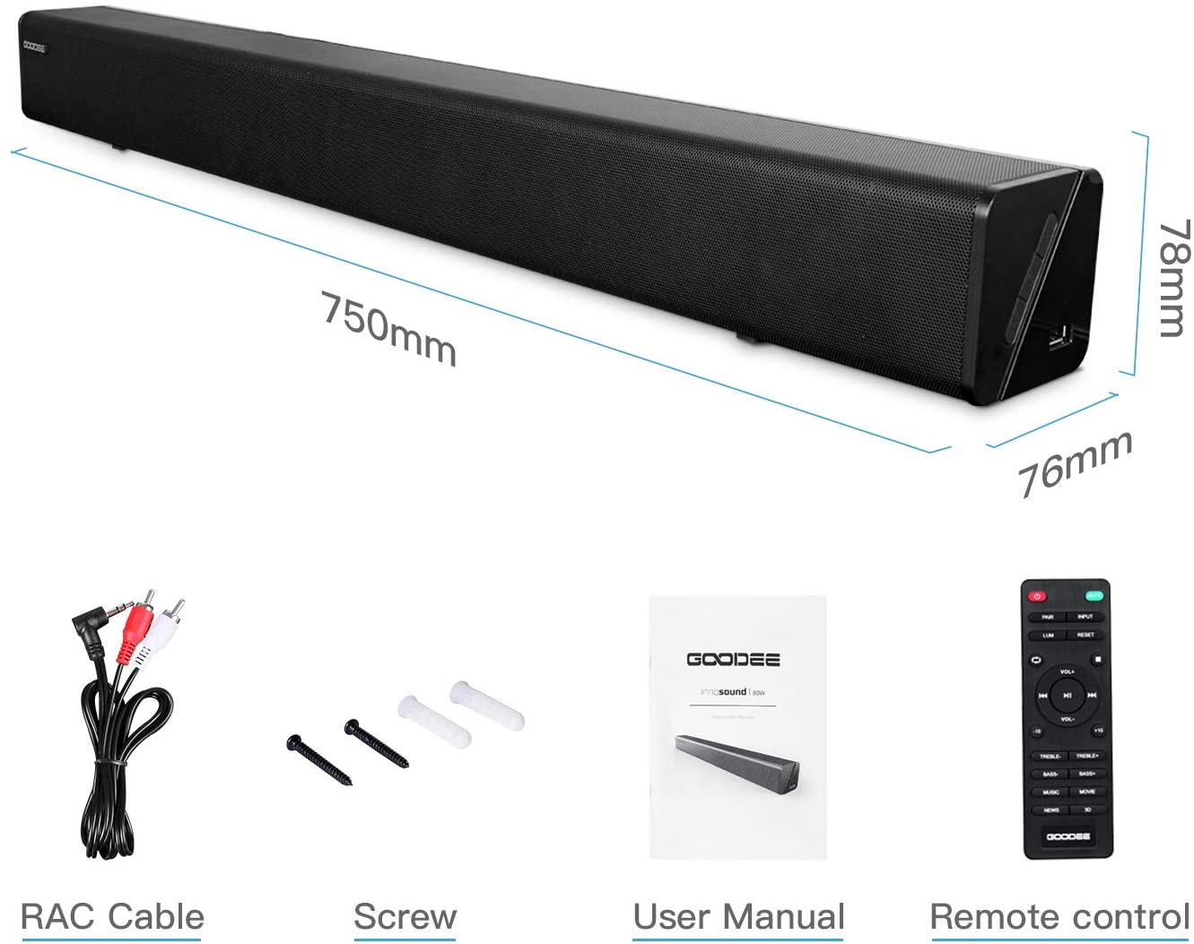 Soundbar, GooDee Home Sound Bar, 30 Inch Wireless Audio Speaker, 60 Watt Wall Mount Sound Speaker Bar for TV (6808450891959)